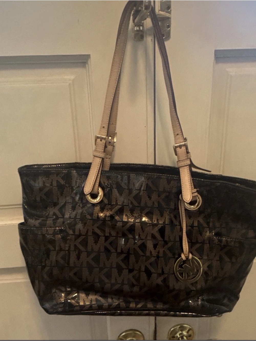 Michael Kors Black MK Logo Tote with Tan Shoulder Straps - Picture 2 of 5